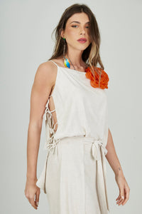 Bata Ampla De Linho Com Alças Bege Yacamim A18 Liso