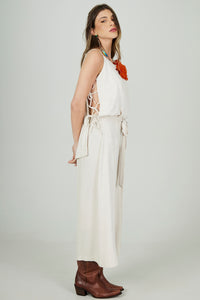 Bata Ampla De Linho Com Alças Bege Yacamim A18 Liso