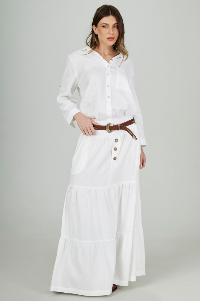 Saia Longa 3 Marias De Linho Com Cinto Trançado Branco Yacamim I1