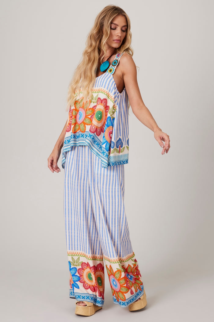 Calça Pantalona Com Elástico Na Cintura Azul Listrado Yacamim K2