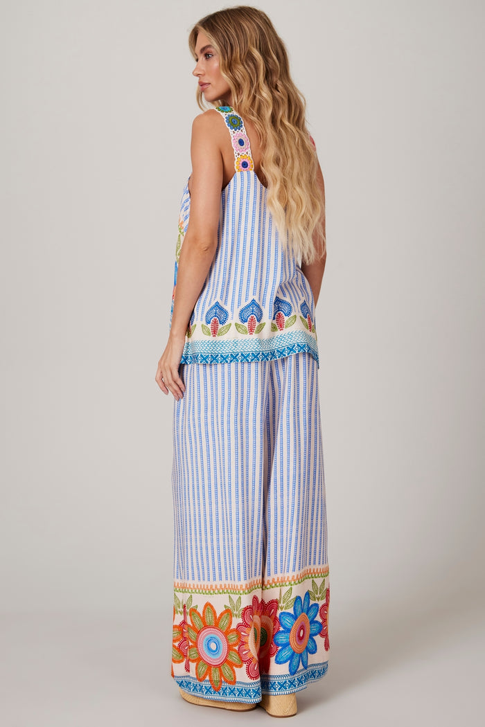 Calça Pantalona Com Elástico Na Cintura Azul Listrado Yacamim K2