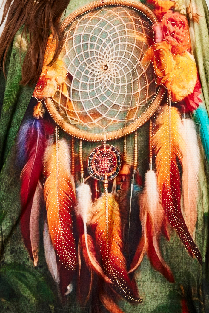 Bata Ampla Alongada Verde Estampa Filtro De Sonhos Com Pedrinhas Yacamim B10