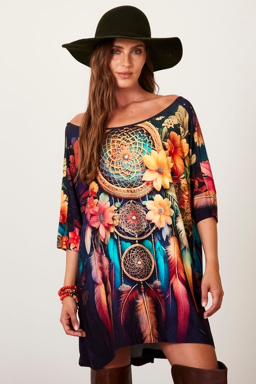 Bata Ampla Preto Estampa Filtro Dos Sonhos Com Pedrinhas Yacamim B26