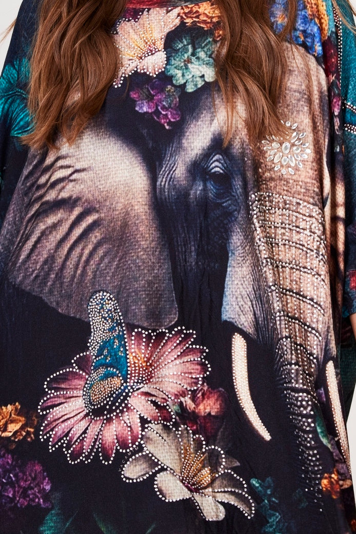 Bata Ampla Alongada Azul Estampa De Elefante Com Pedrinhas Yacamim B19