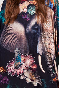 Bata Ampla Alongada Azul Estampa De Elefante Com Pedrinhas Yacamim B19