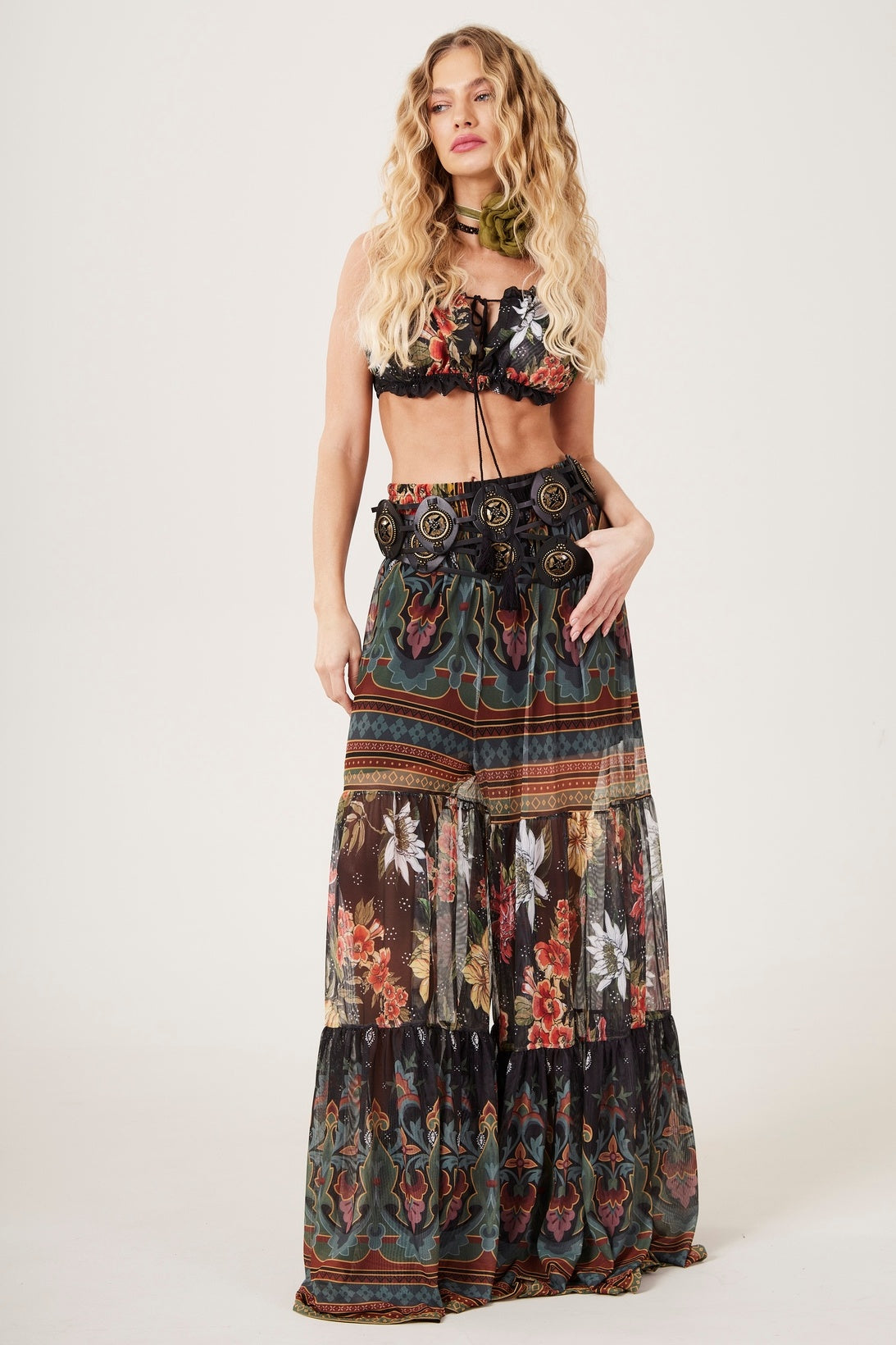 Calça Pantalona De Tule Preto Patchwork Yacamim A22 Paris