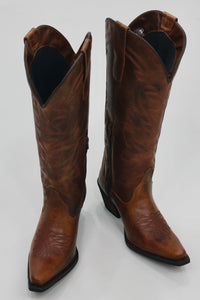 Bota Cano Longo Bico Fino Bordados Marrom Yacamim #370