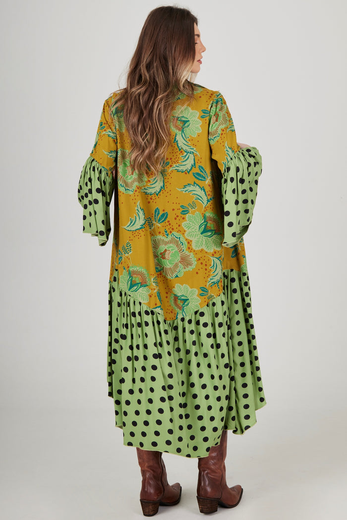 Kimono Longo Com Manga Flare Verde Poá Patchwork Yacamim J9