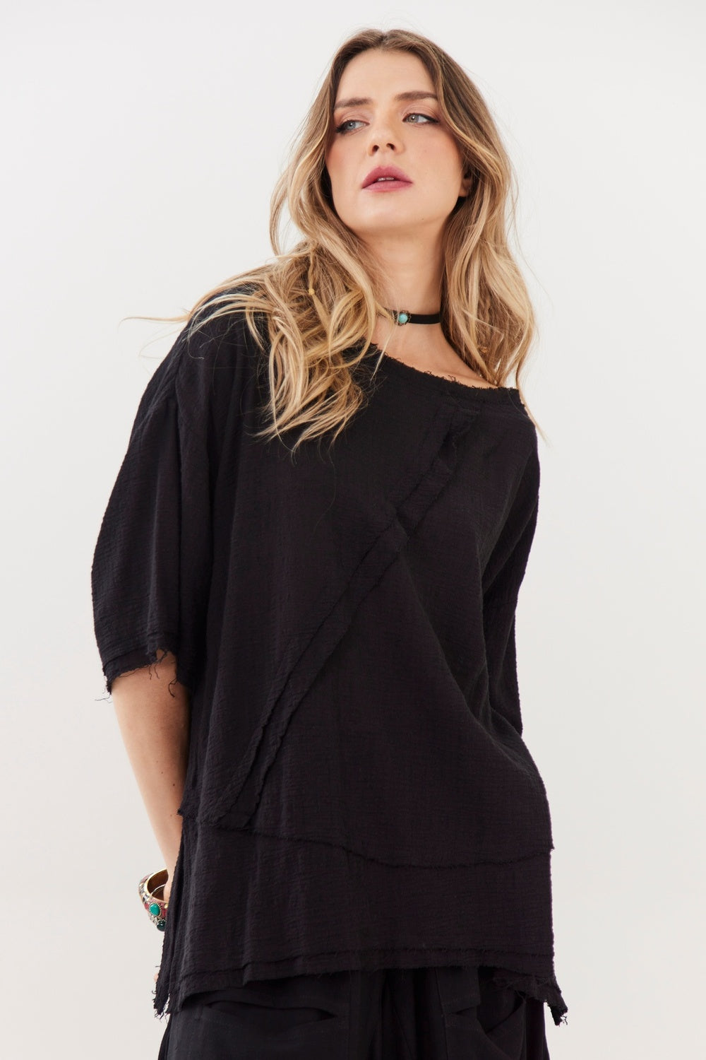 Bata Ampla 100% Algodão Gaze Marrakesh Preto Yacamim A6