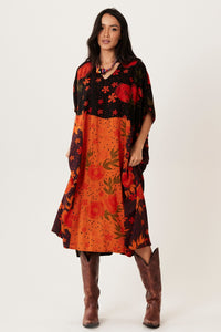 Kaftan Midi Preto E Vermelho Patchwork Yacamim J3