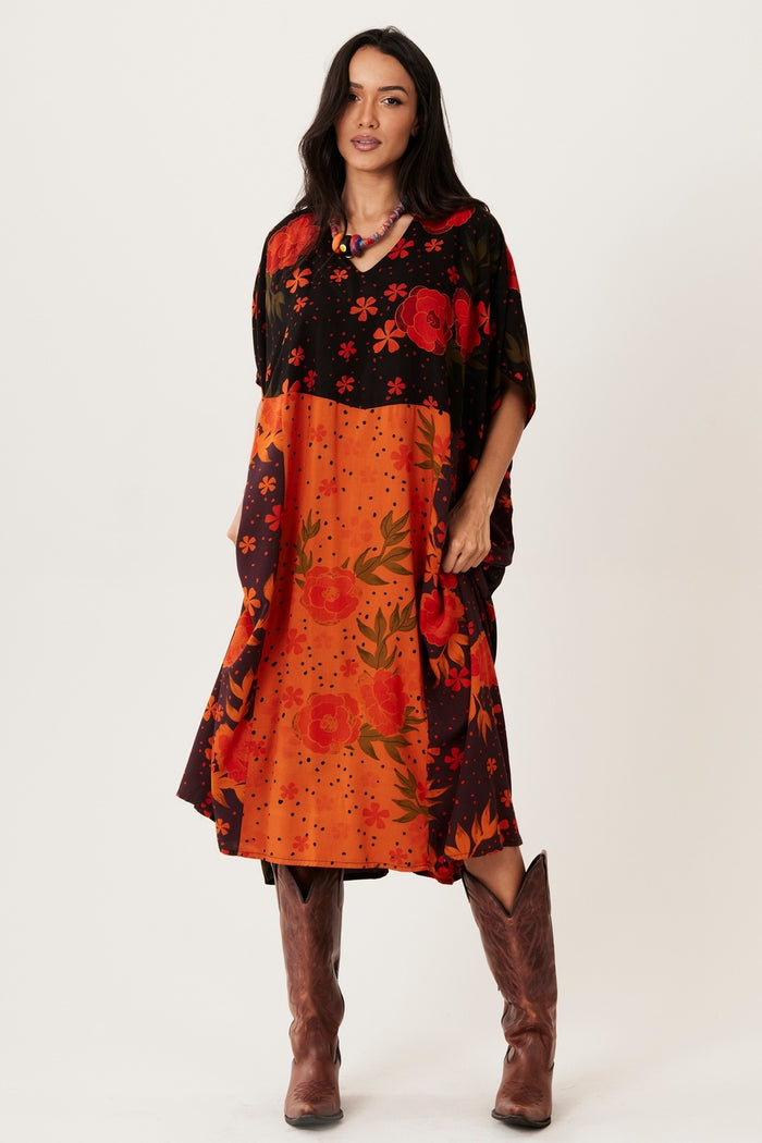 Kaftan Midi Preto E Vermelho Patchwork Yacamim J3