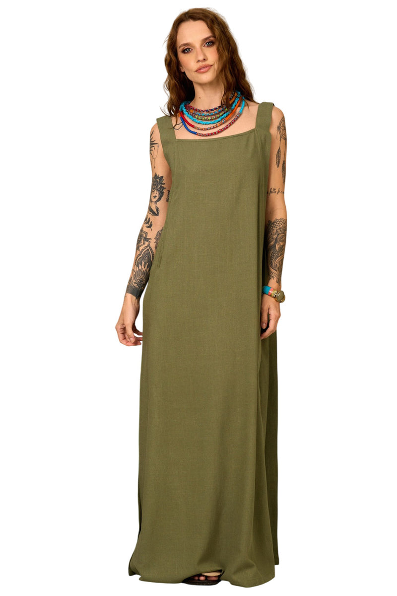 Vestido Longo De Alças Largas Com Fendas Verde Yacamim D10