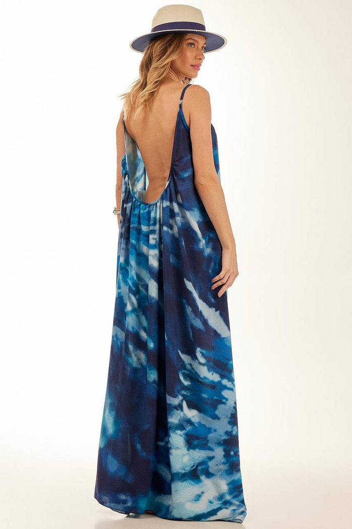 Vestido Longo Azul Estampa Digital Tie Dye Yacamim