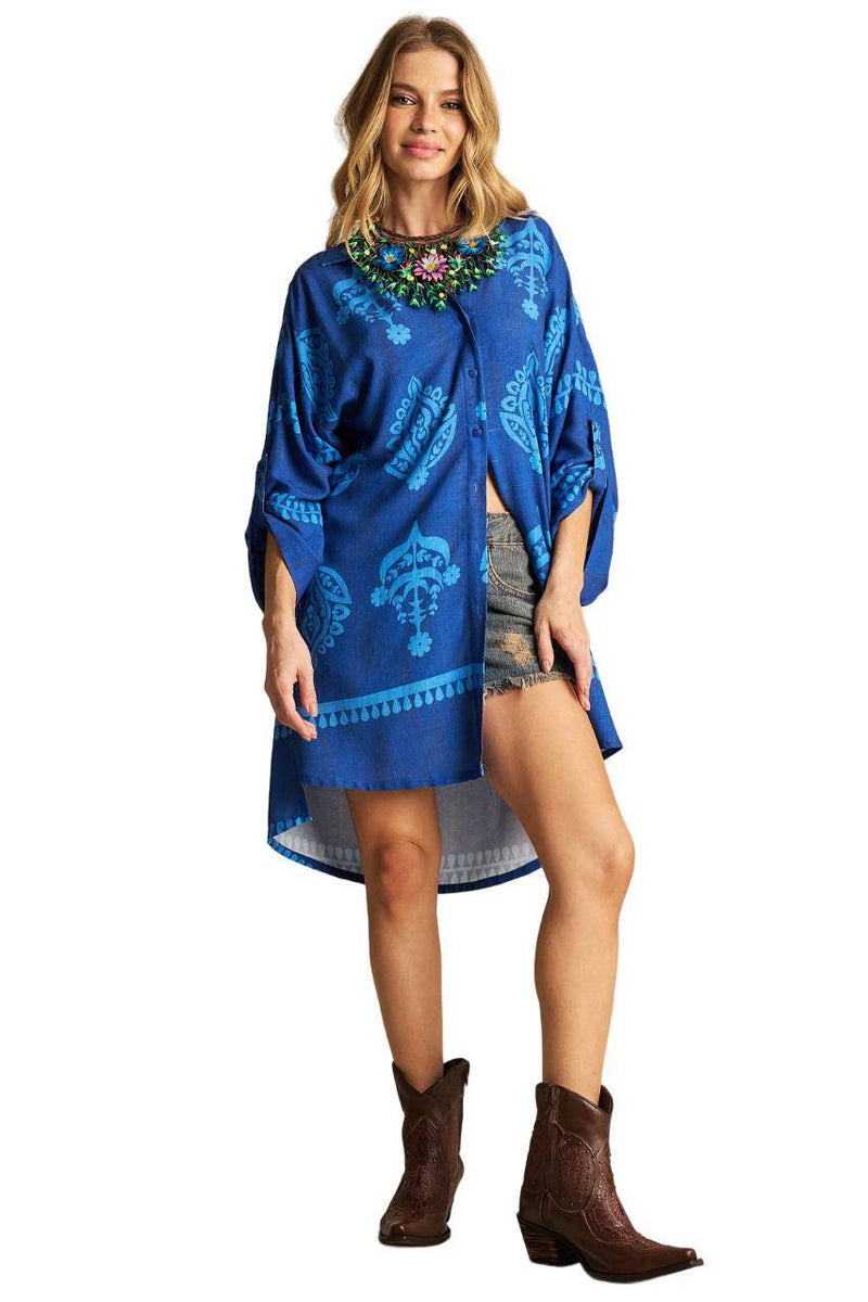 Chemise Curta Com Mangas 3/8 Azul Estampado Yacamim P5