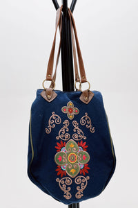 Bolsa De Lona Grande Artesanal Com Bordados Yacamim #778