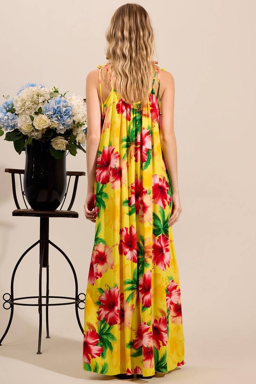 Vestido Longo Com Alças De Amarração Amarelo Estampado Yacamim E11