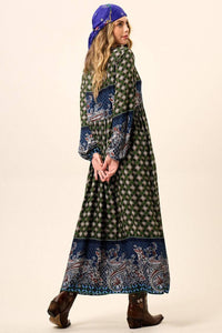 Vestido Longo Com Mangas Bufantes Verde Patchwork Estampa Paisley Yacamim