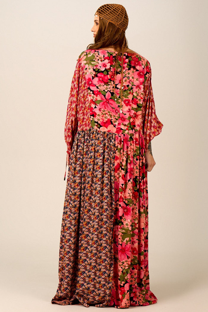 Vestido Longo Amplo Rosa Estampado Patchwork Yacamim D7
