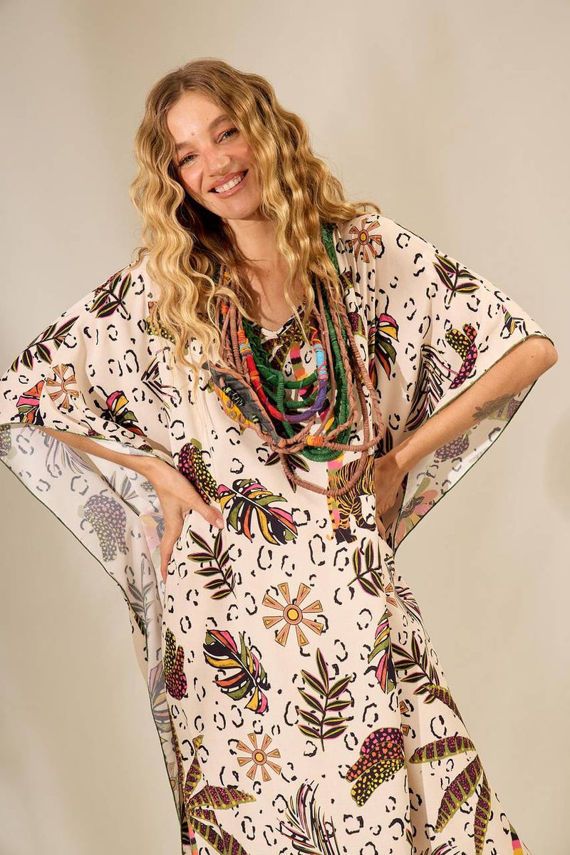 Kaftan Amplo Com Mangas 3/4 Bege Estampado Yacamim