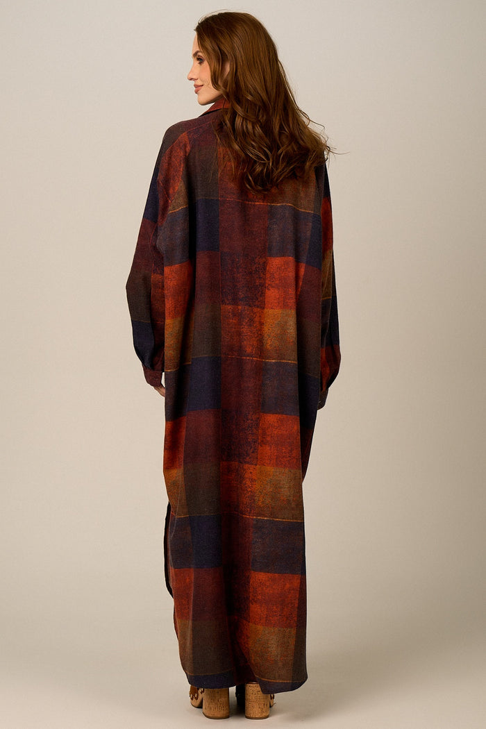 Chemise Longa De Algodão Terracota Estampa Xadrez Yacamim N5