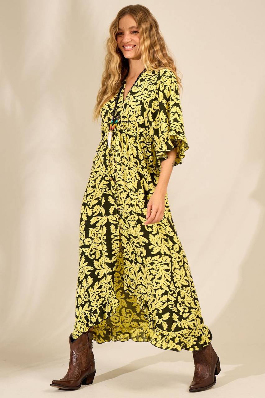 Vestido Longo Com Mangas 3/4 Amplas Verde Estampado Yacamim C1