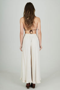 Calça De Viscolinho Babados Sobrepostos Bege Yacamim G1