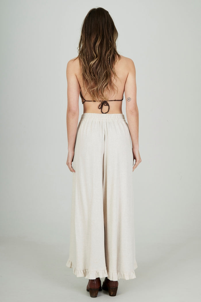 Calça De Viscolinho Babados Sobrepostos Bege Yacamim G1