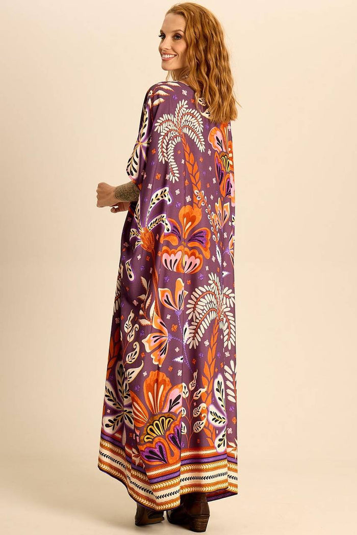 Kaftan Longo Amplo Com Decote Em V Roxo Escuro Estampado Yacamim J6