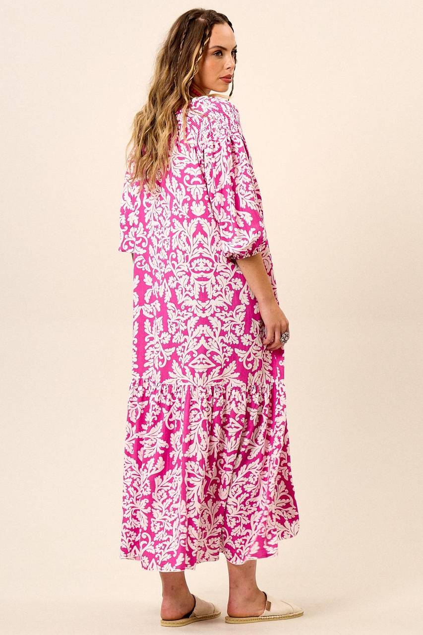 Vestido Chemise Longo Com Mangas 3/8 Raglã Rosa Estampado Yacamim