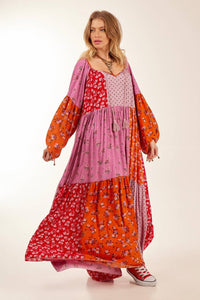 Vestido Longo Amplo Com Mangas Longas Bufantes Rosa Patchwork Yacamim<br />
<p>
</p>