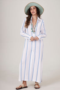 Chemise Midi Listrada Branca Com Azul Estampado Yacamim M7