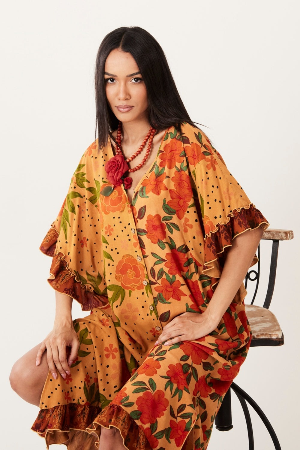 Kaftan Midi Com Mangas 3/4 Marrom Claro Patchwork Yacamim I9