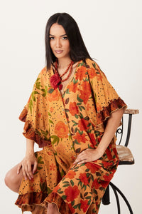 Kaftan Midi Com Mangas 3/4 Marrom Claro Patchwork Yacamim I9