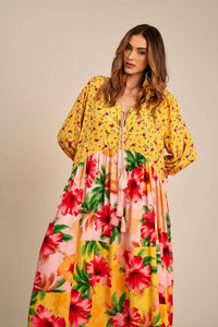 Vestido Midi Composê Amarelo Floral Patchwork Yacamim