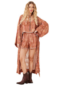 Kimono Longo Marrom Claro Estampa Love Yacamim J7