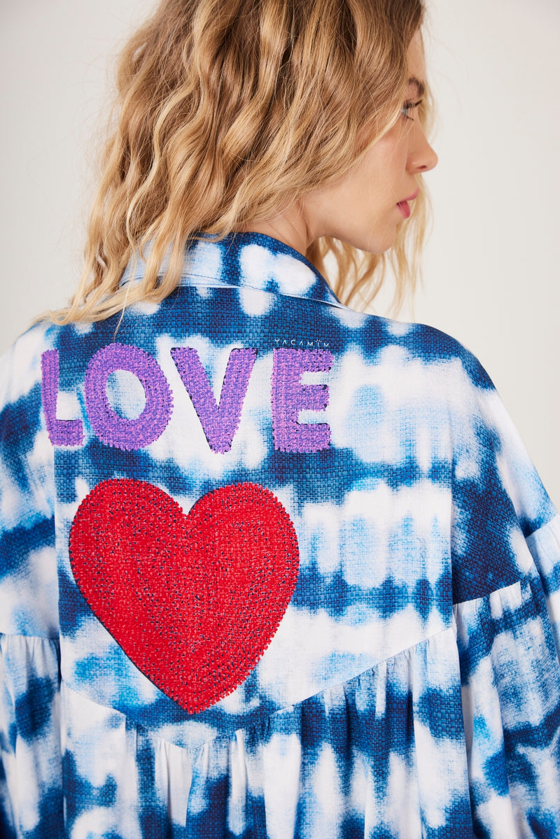 Chemise Ampla Manga Longa Azul Tie Dye Digital Love Yacamim N9