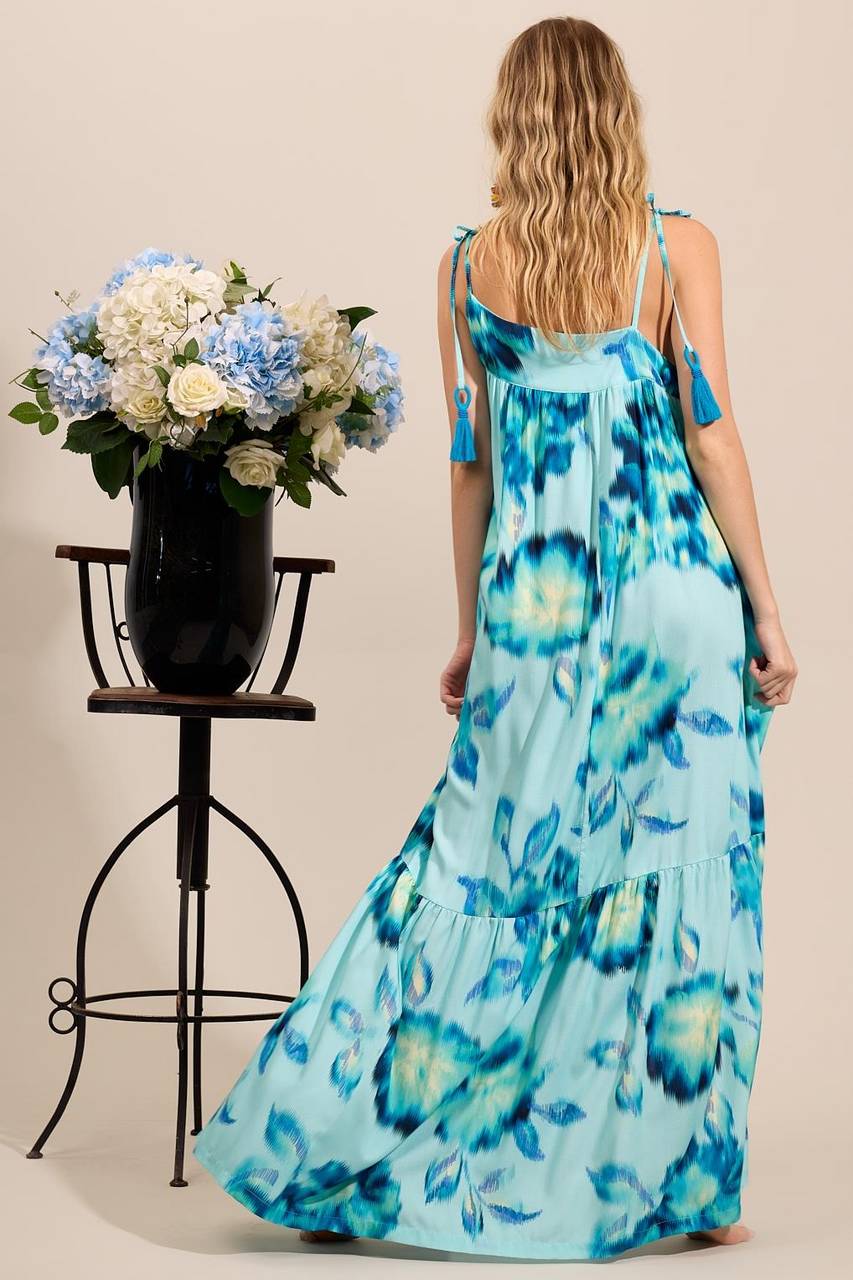 Vestido Longo Um Ombro Só De Alças Azul Claro Estampado Yacamim E5