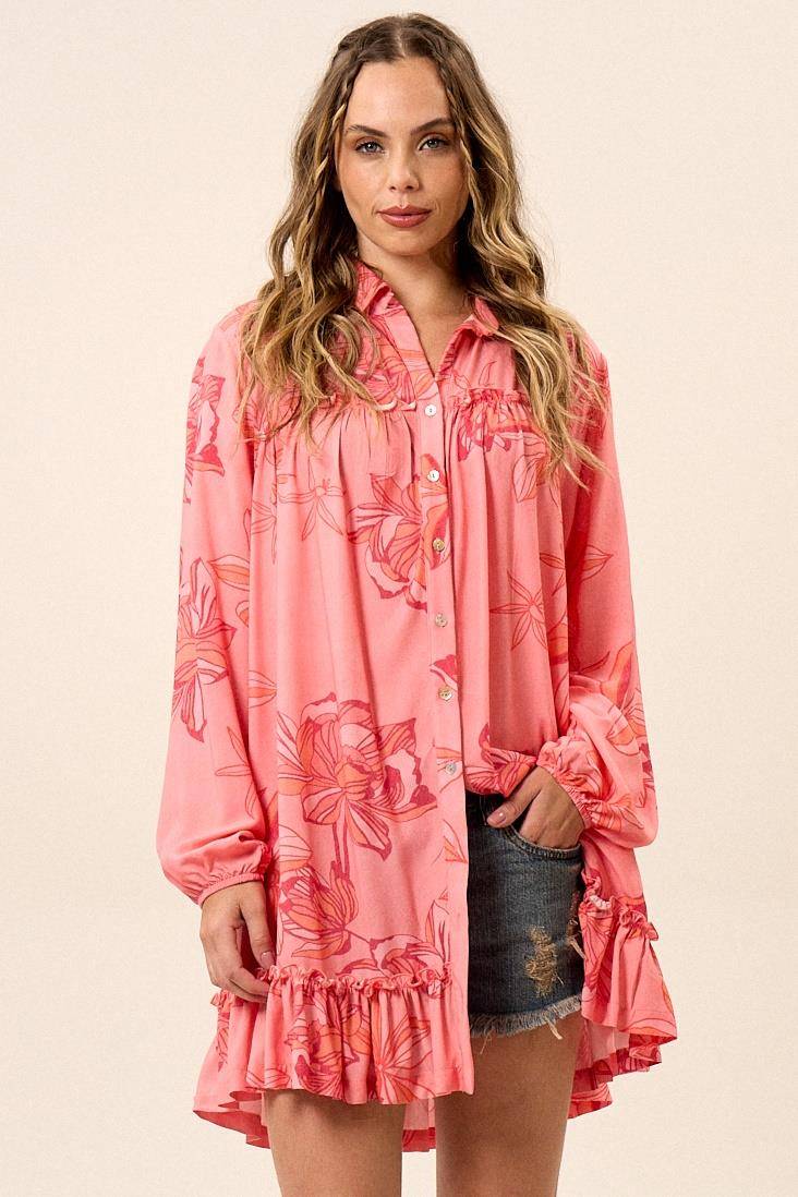 Vestido Chemise Curto Com Mangas Longas Bufantes Rosa Estampado Yacamim E17