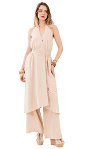 Kimono Frente Única Sem Mangas Bege Escuro Yacamim I6