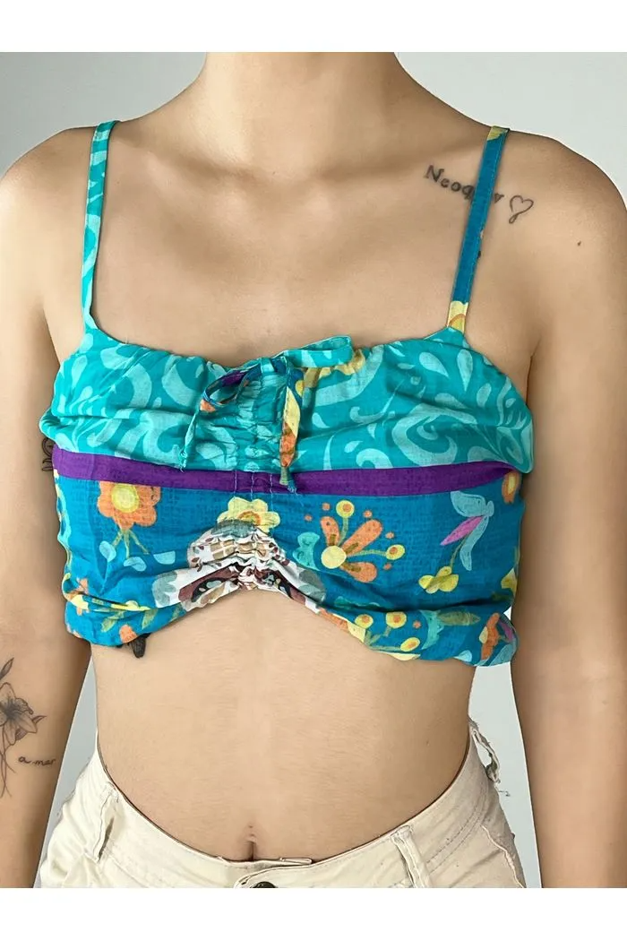 Top Cropped com Alças Azul Estampado Yacamim