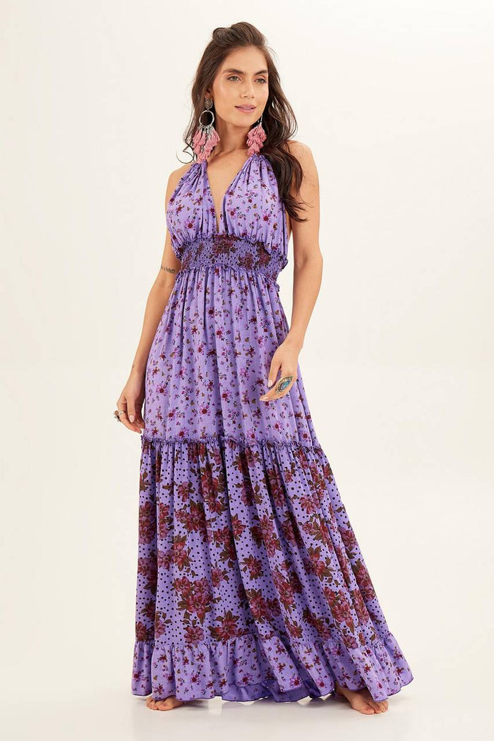 Vestido Longo De Frente Única Roxo Patchwork Yacamim