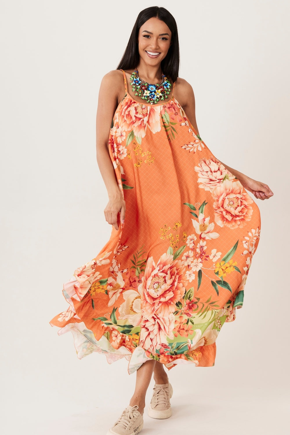 Vestido Midi Alças Reguláveis Laranja Estampado Yacamim E8