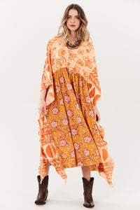 Kaftan Midi Amplo Laranja Estampado Patchwork Yacamim S10