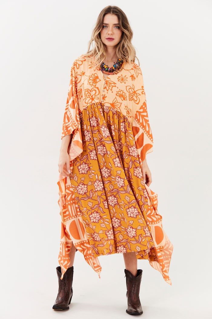 Kaftan Midi Amplo Laranja Estampado Patchwork Yacamim S10
