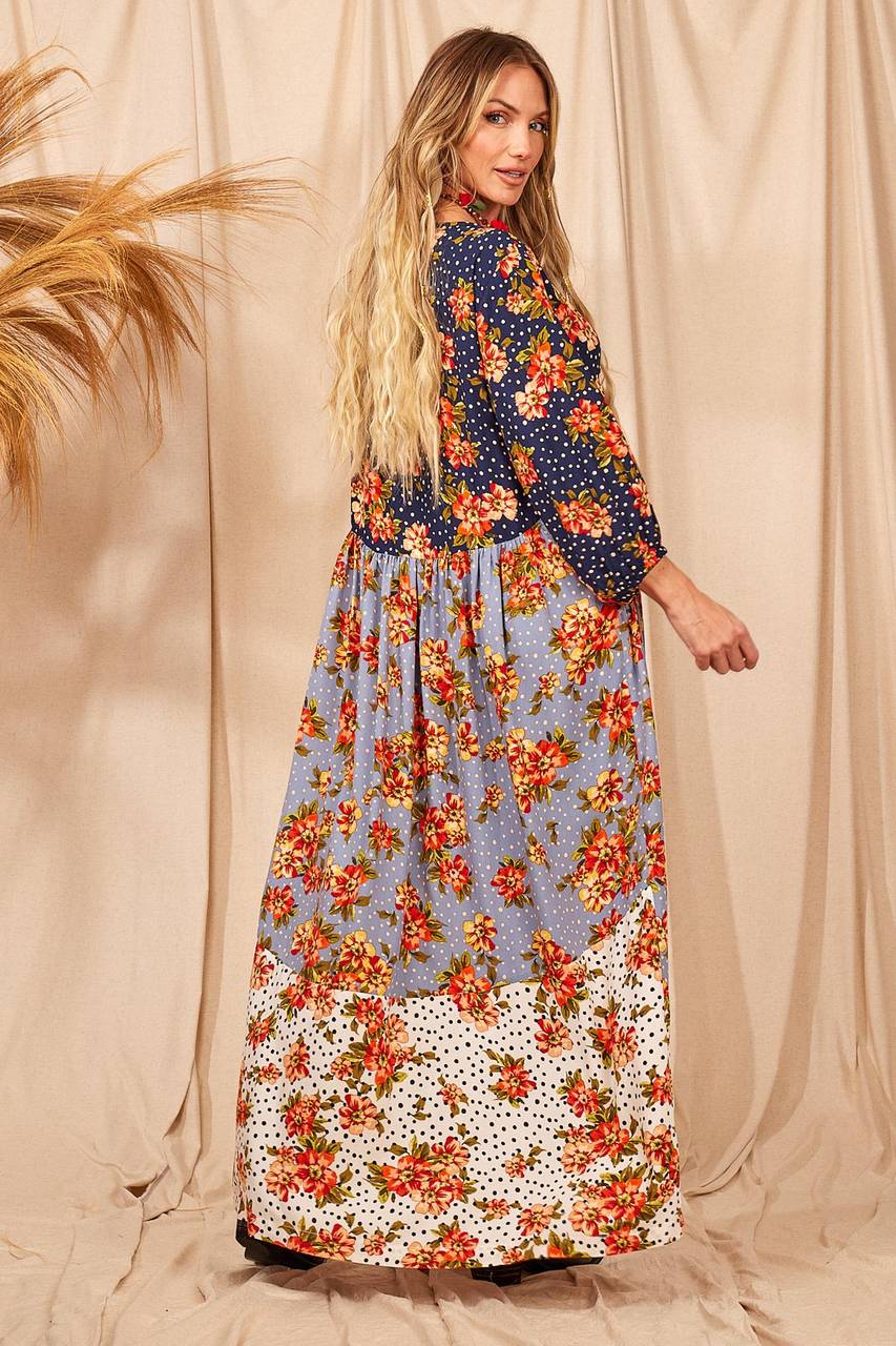 Vestido Longo Com Mangas Longas Bufantes Patchwork Yacamim D6