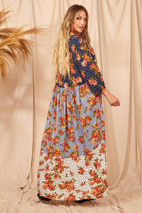 Vestido Longo Com Mangas Longas Bufantes Patchwork Yacamim D6