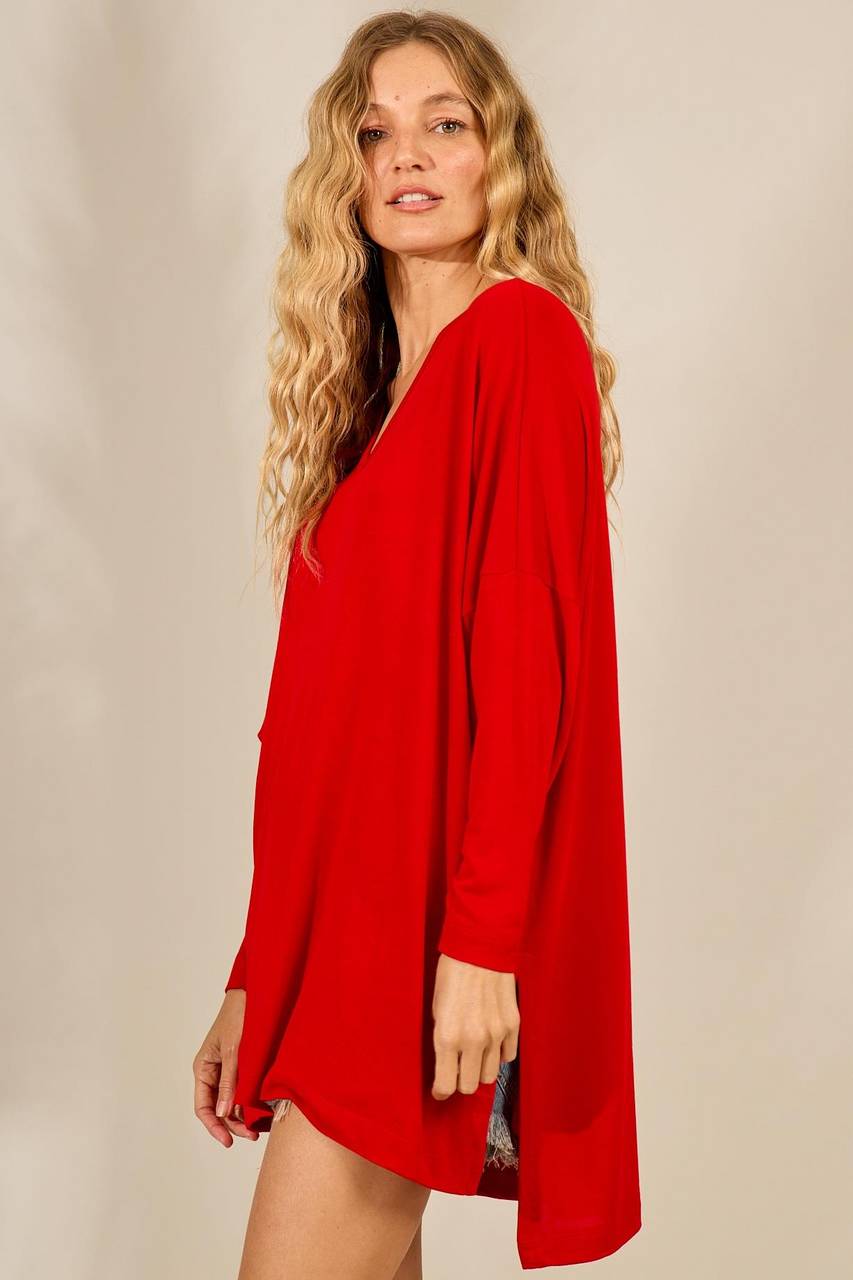 Blusa Ampla Básica Alongada Com Decote Em V Vermelho Yacamim B5