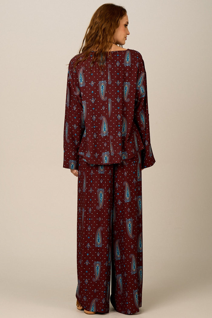 Calça Pantalona Marrom Estampa Paisley Yacamim T5