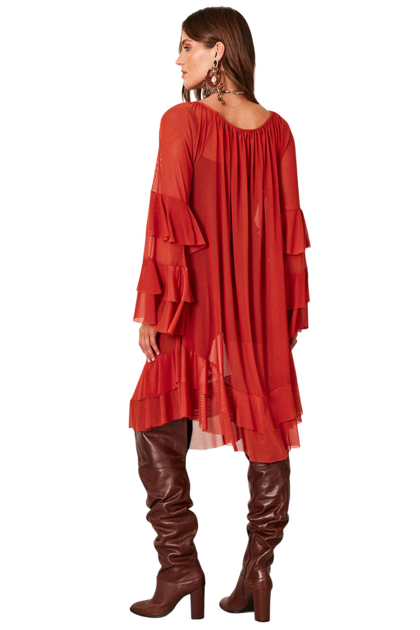 Vestido Curto De Tule Com Babados Terracota Yacamim E14