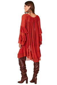 Vestido Curto De Tule Com Babados Terracota Yacamim E14